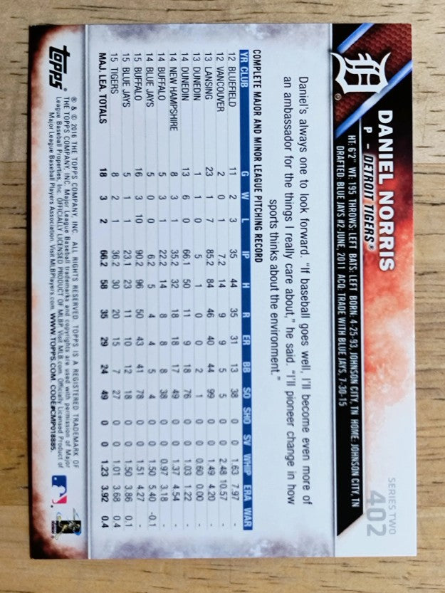 2016 Topps #402 Daniel Norris FS