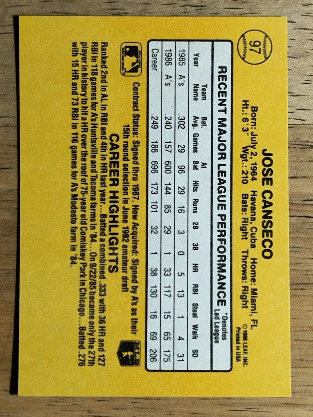 1987 Donruss #97 Jose Canseco