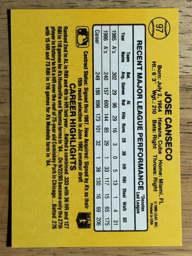 1987 Donruss #97 Jose Canseco