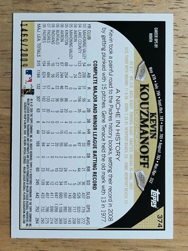 2009 Topps Gold Border #374 Kevin Kouzmanoff
