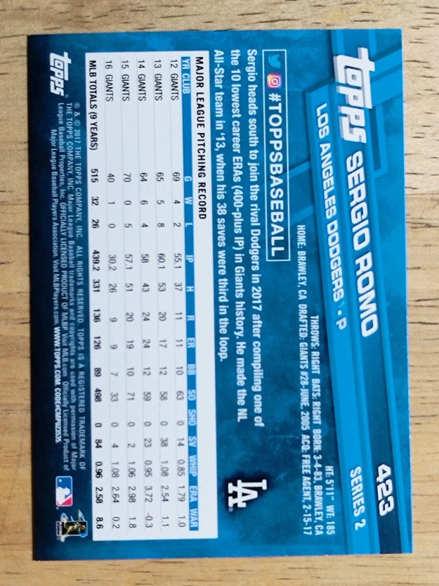 2017 Topps #423 Sergio Romo
