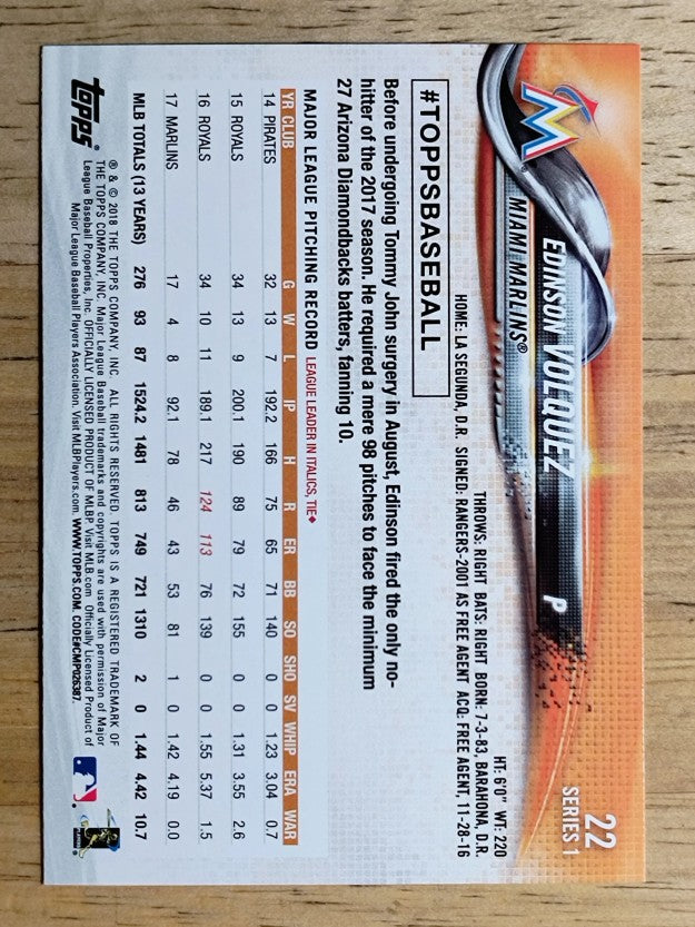 2018 Topps #22 Edinson Volquez