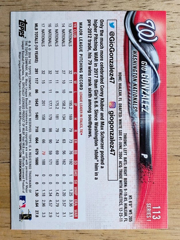 2018 Topps #113 Gio Gonzalez