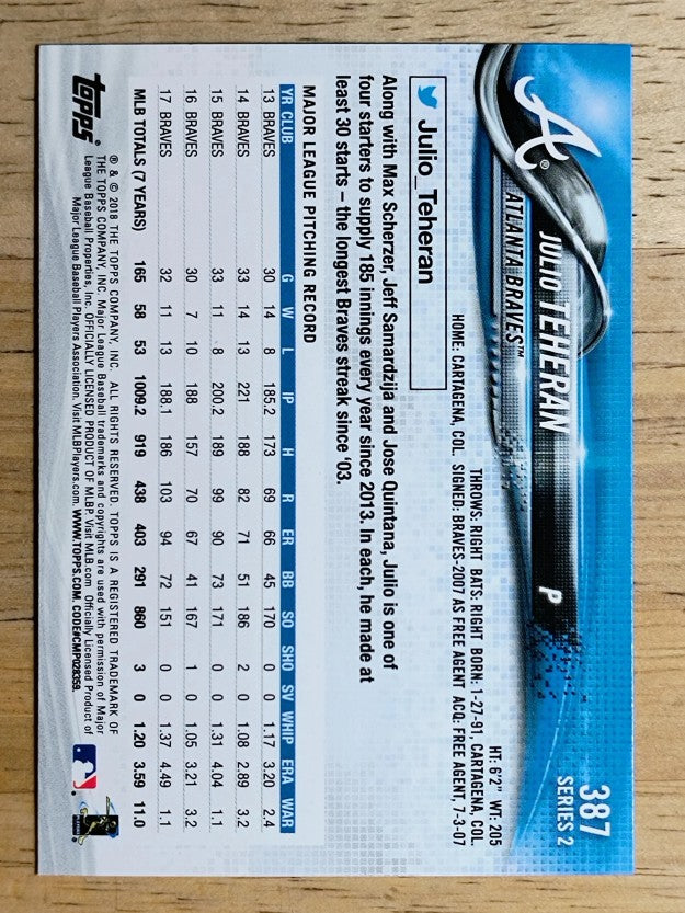 2018 Topps #387 Julio Teheran