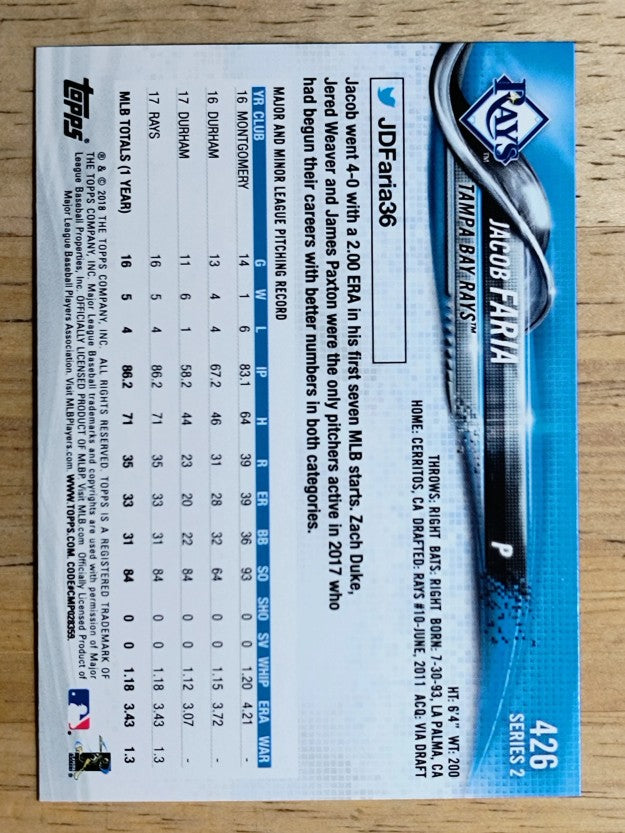 2018 Topps #426 Jacob Faria