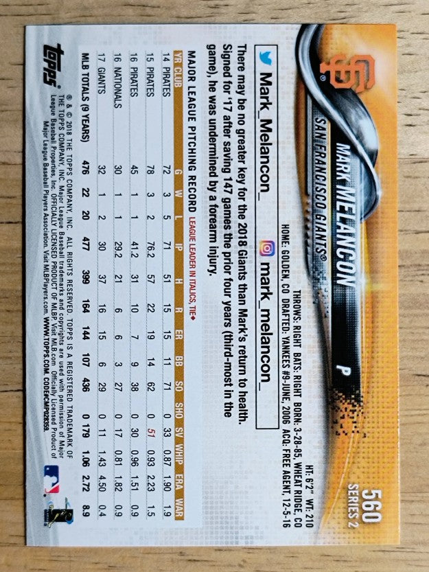 2018 Topps #560 Mark Melancon