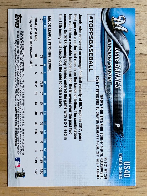 2018 Topps Update #US40 Jacob Barnes RC