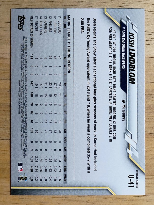 2020 Topps Update #U41 Josh Lindblom