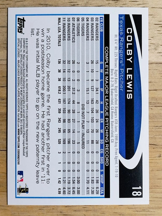 2012 Topps #18 Colby Lewis