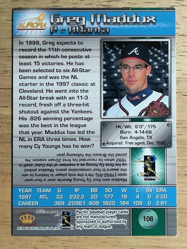 1998 Aurora #108 Greg Maddux