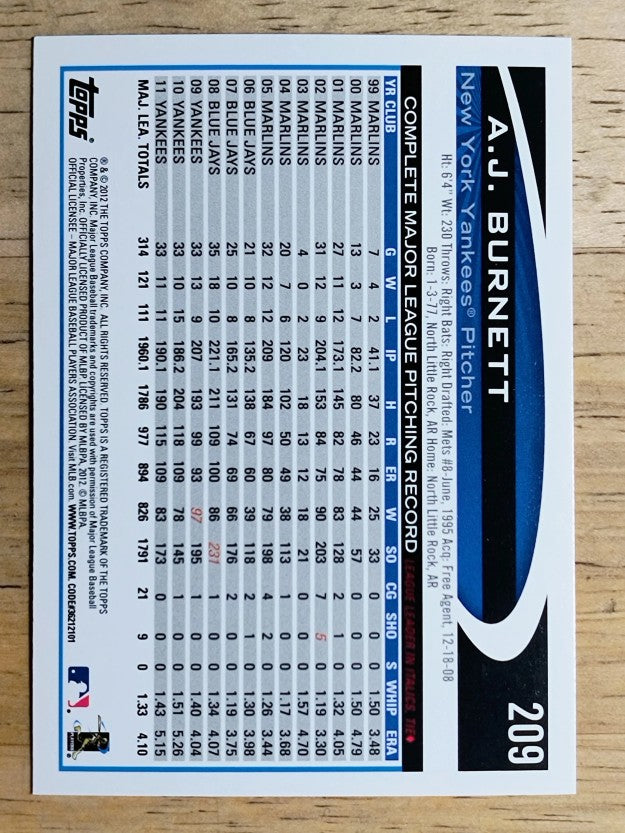 2012 Topps #209 A.J. Burnett