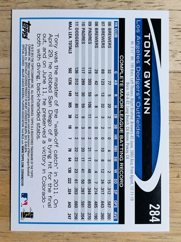 2012 Topps #284 Tony Gwynn