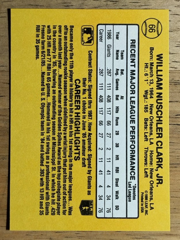 1987 Donruss #66 Will Clark RC