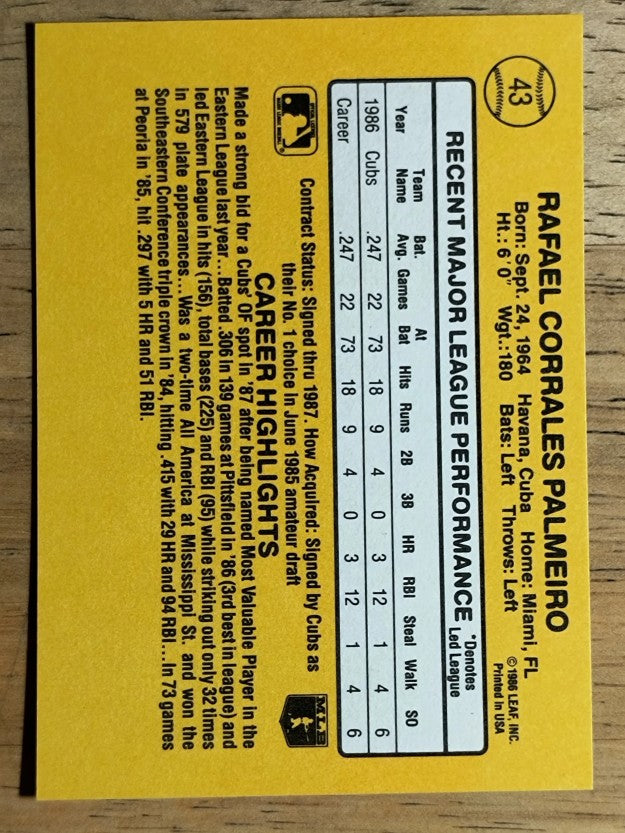 1987 Donruss #43 Rafael Palmeiro RC
