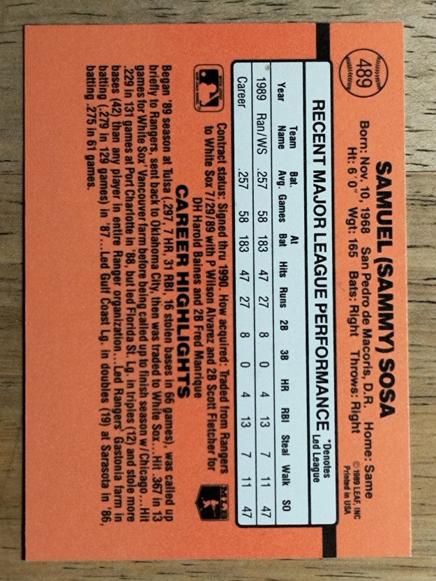 1990 Donruss #489 Sammy Sosa RC