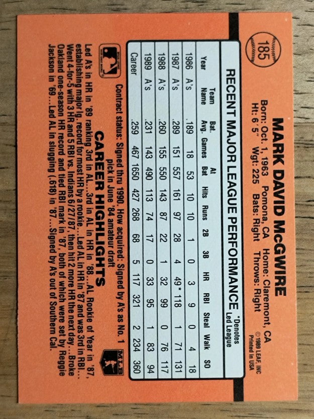 1990 Donruss #185 Mark McGwire