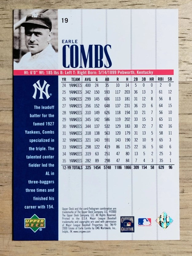 2000 Upper Deck Yankees Legends #19 Earle Combs