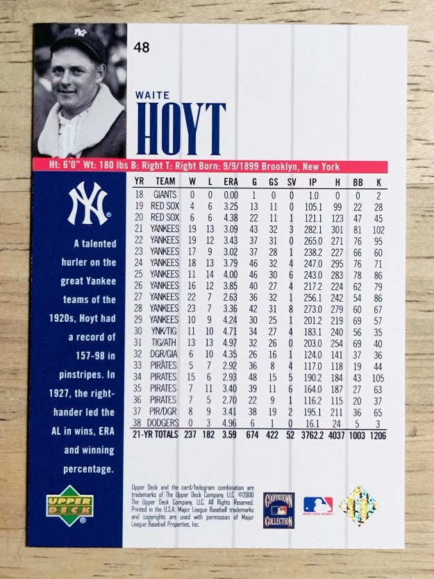 2000 Upper Deck Yankees Legends #48 Waite Hoyt