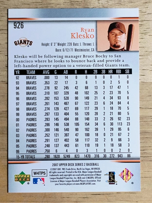 2007 Upper Deck #926 Ryan Klesko