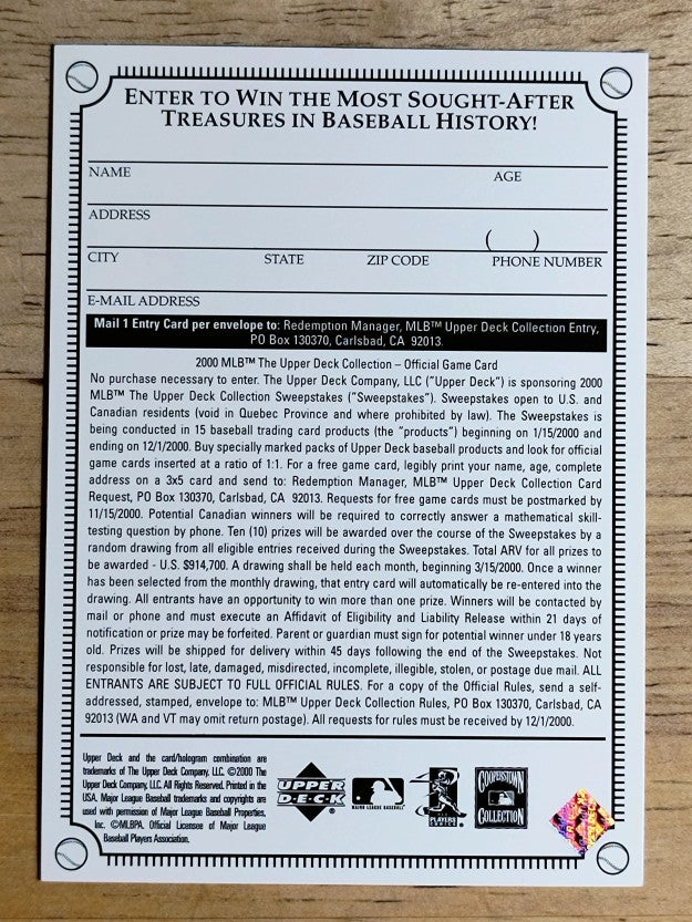 2000 Upper Deck Collection Entry #NNO Babe Ruth Final App Bat/Reese Los Angeles
