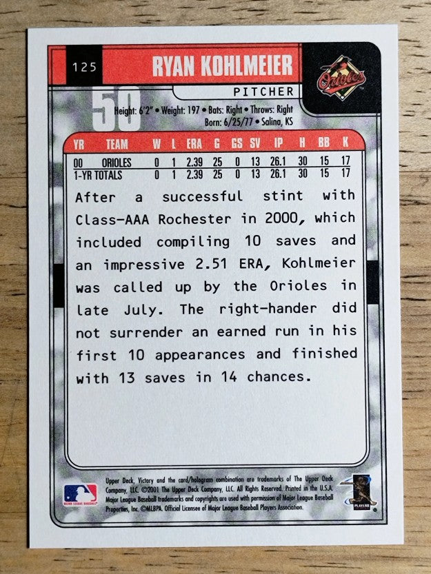 2001 Upper Deck Victory #125 Ryan Kohlmeier