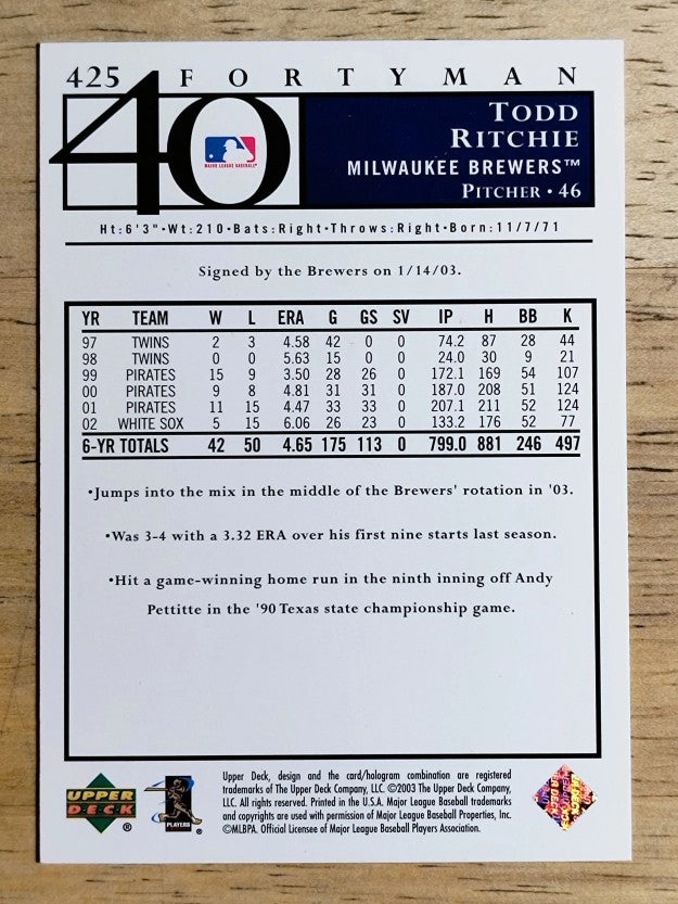 2003 Upper Deck 40-Man #425 Todd Ritchie