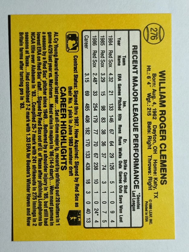 1987 Donruss #276 Roger Clemens