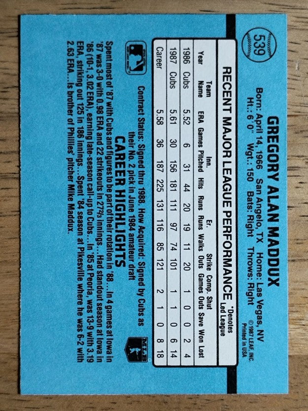 1988 Donruss #539 Greg Maddux