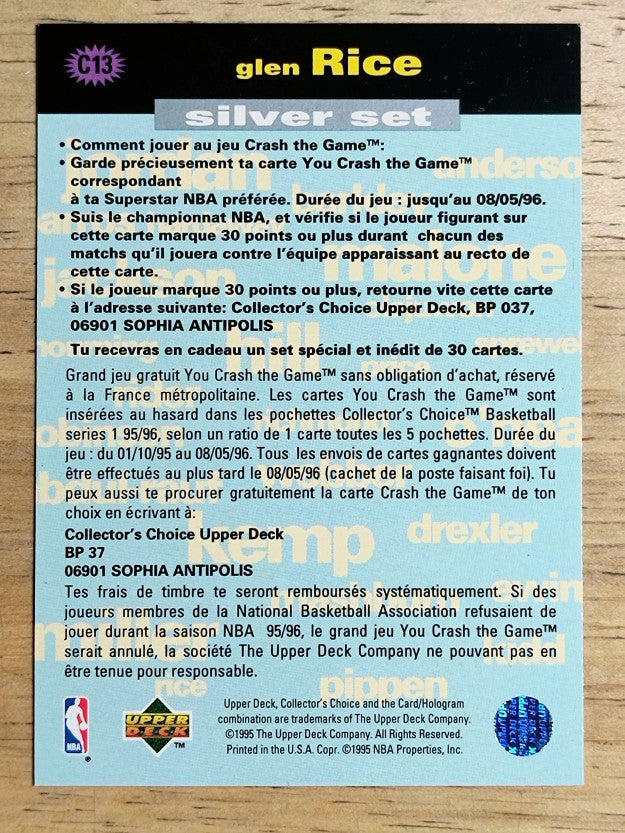 1995-96 Collector's Choice International French Crash the Game #C13 Glen Rice