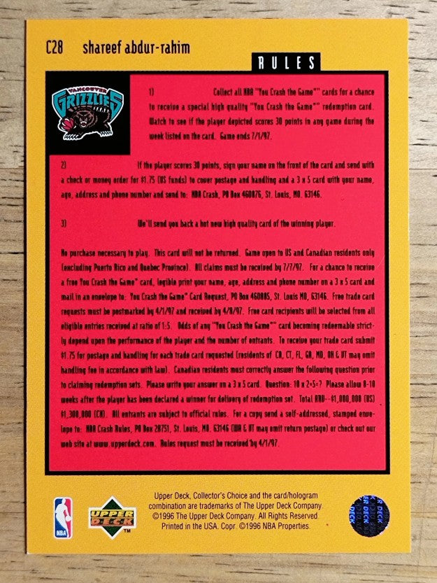 1996-97 Collector's Choice Crash Game Scoring 2 #C28B Shareef Abdur-Rahim 3/17