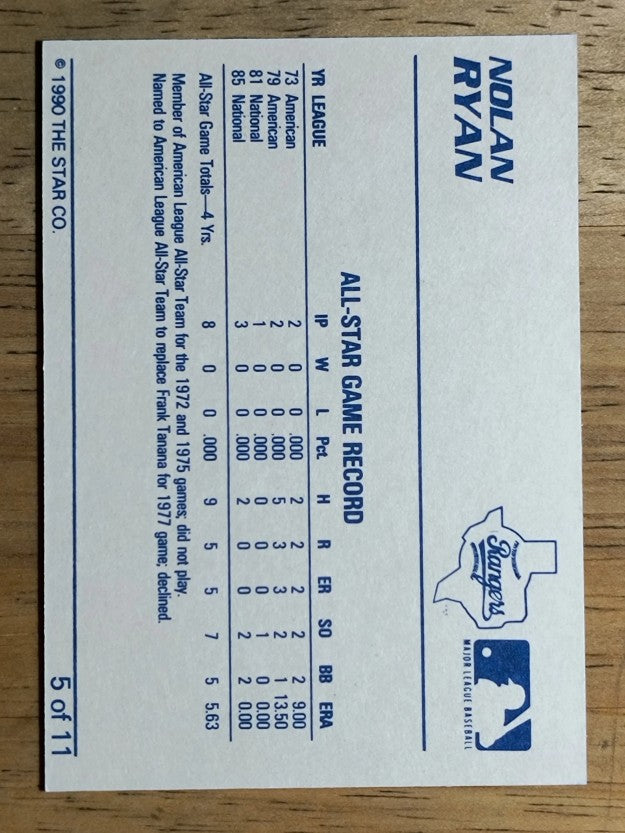 1990 Star Ryan #5 Nolan Ryan/All-Star Stats