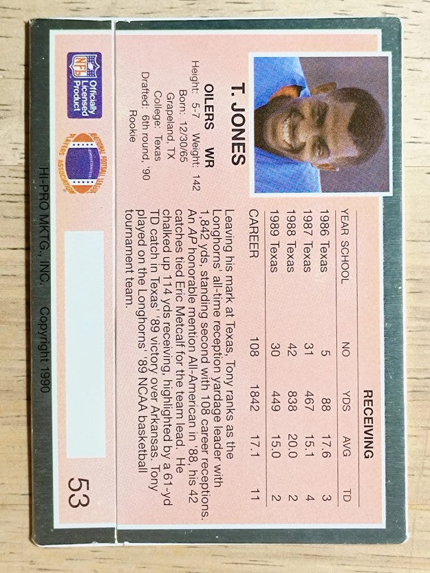 1990 Action Packed Rookie Update #53 Tony Jones WR RC