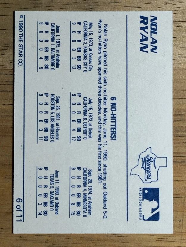1990 Star Ryan #6 Nolan Ryan/6 No-Hitters
