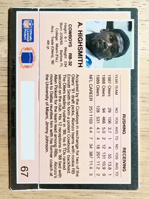 1990 Action Packed Rookie Update #67 Alonzo Highsmith