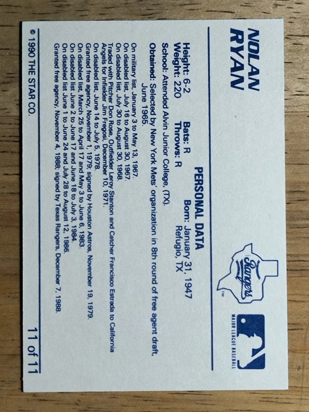 1990 Star Ryan #11 Nolan Ryan/Personal Data