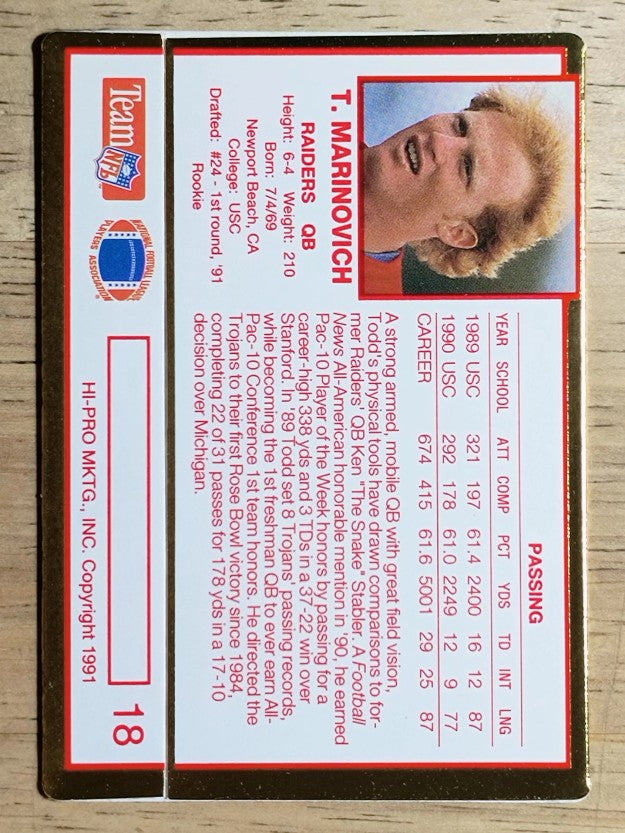 1991 Action Packed Rookie Update #18 Todd Marinovich RC