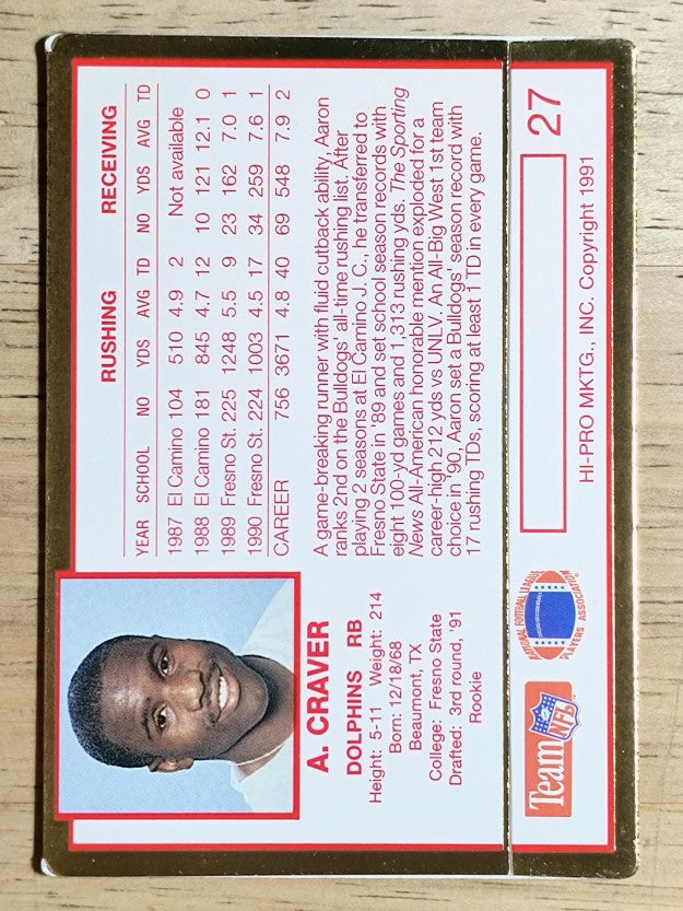 1991 Action Packed Rookie Update #27 Aaron Craver RC