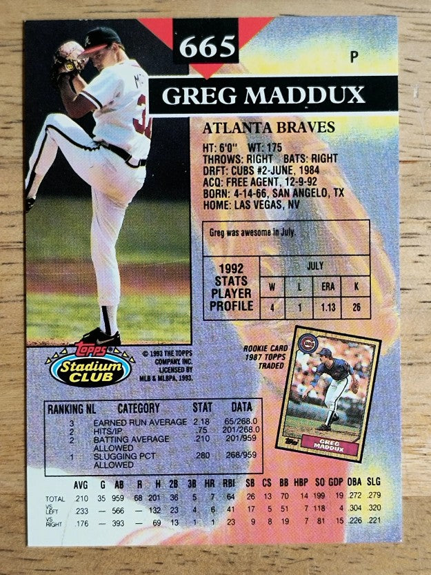 1993 Stadium Club #665 Greg Maddux