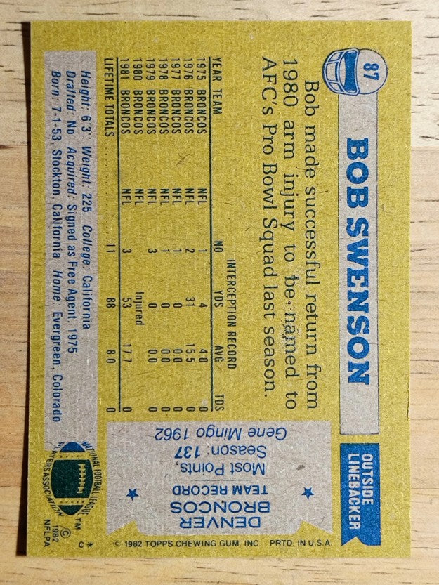 1982 Topps #87 Bob Swenson RC