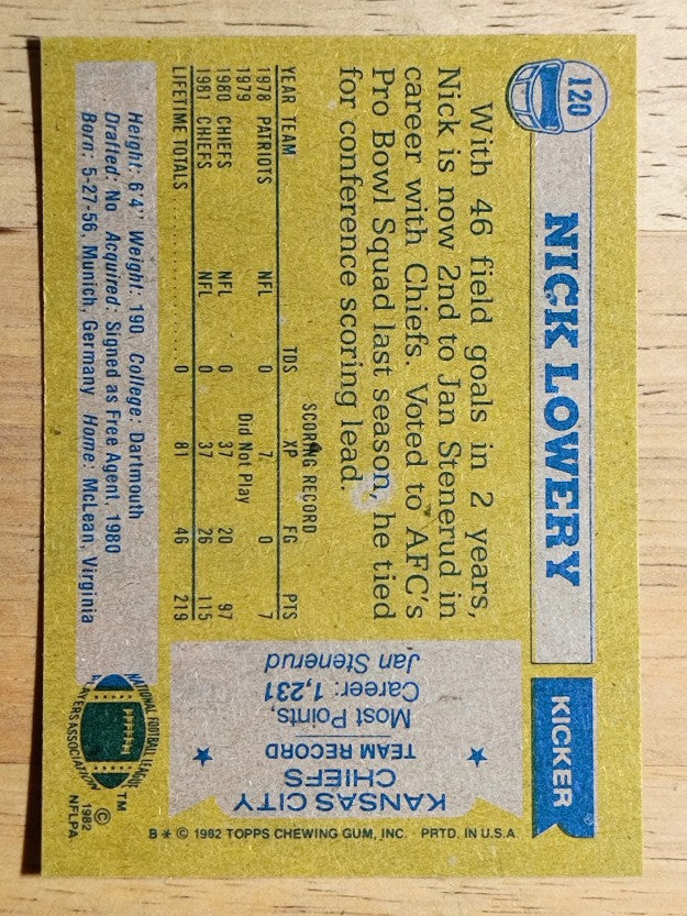 1982 Topps #120 Nick Lowery AP
