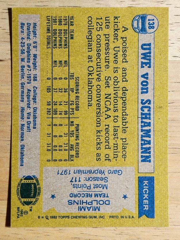 1982 Topps #138 Uwe Von Schamann