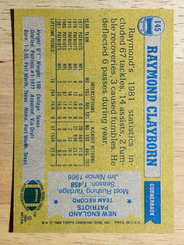 1982 Topps #145 Raymond Clayborn