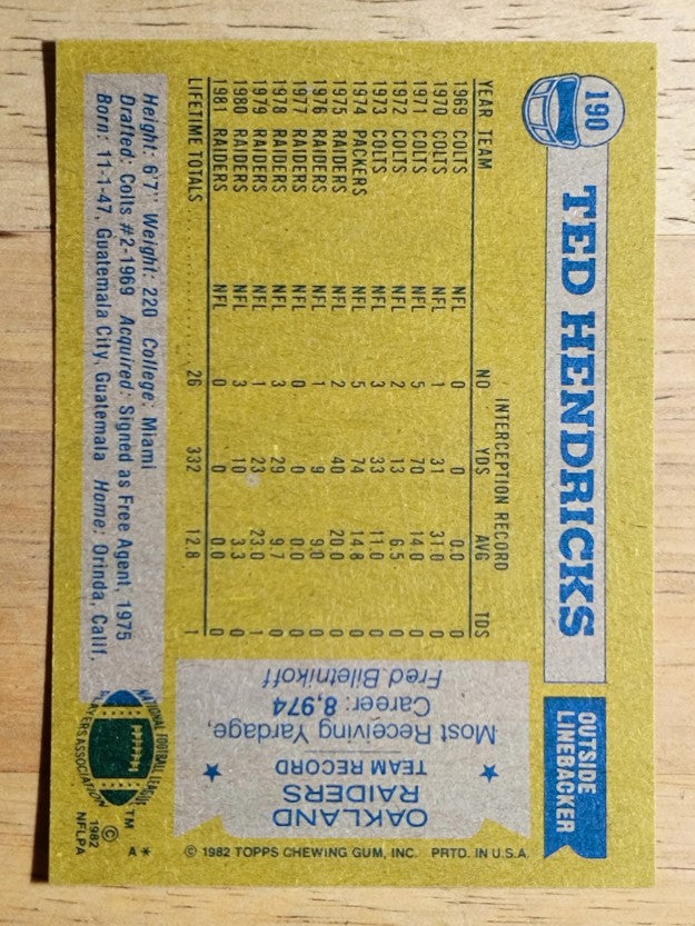 1982 Topps #190 Ted Hendricks AP