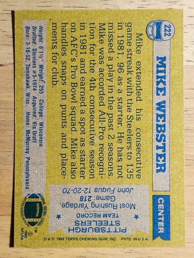 1982 Topps #222 Mike Webster AP