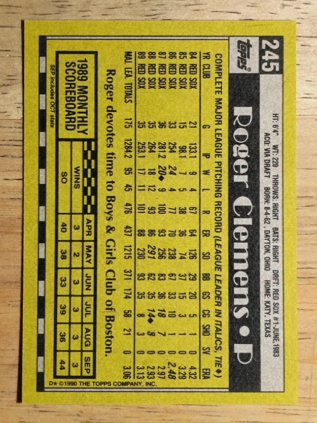 1990 Topps #245 Roger Clemens