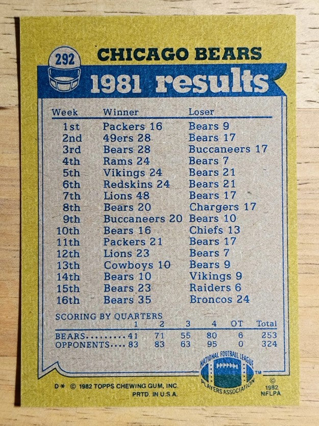 1982 Topps #292 Walter Payton/Ken Margerum/Gary Fencik/Dan Hampton/Alan Page TL