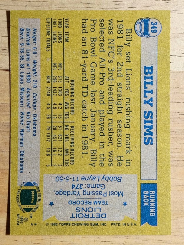 1982 Topps #349 Billy Sims AP