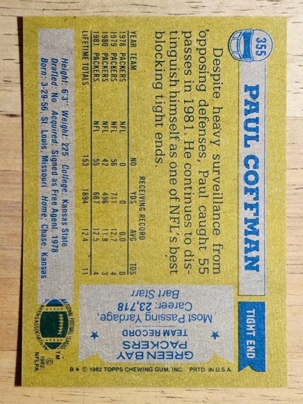 1982 Topps #355 Paul Coffman