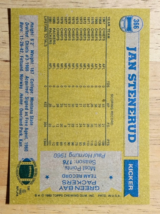 1982 Topps #366 Jan Stenerud