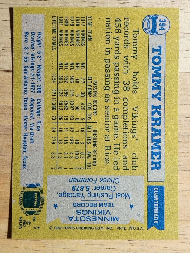 1982 Topps #394 Tommy Kramer